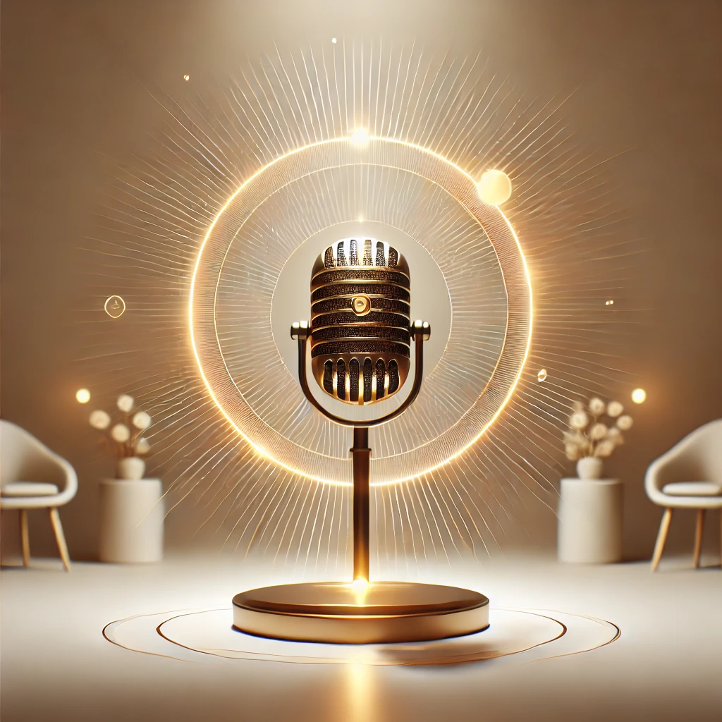 DALL·E 2025-01-27 12.14.57 - An elegant and inspiring image featuring a glowing microphone prominently displayed at the center, symbolizing impactful and uplifting conferences. Th